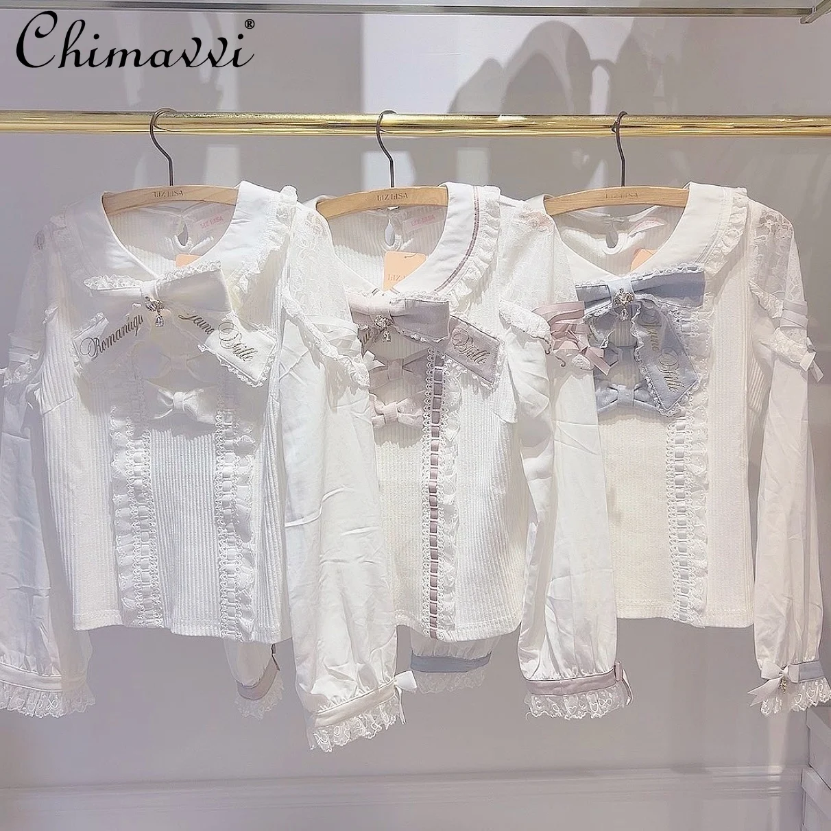 

Japanese Liz Mine Mass-Produced Lace Splicing Knitwear Embroidered Bow Color Matching Ribbon Long Sleeve Blouse Lolita Shirt Top