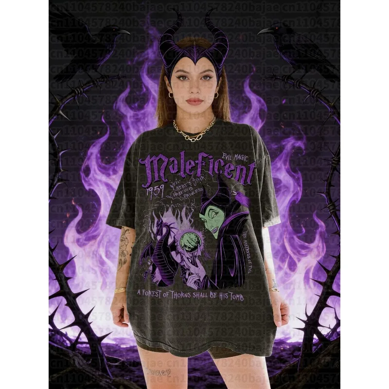 

2025-26 Summer Retro Comfort Colors Maleficent Halloween Villains 100% Cotton Printed T-shirt Maleficent Witch Disney Halloween