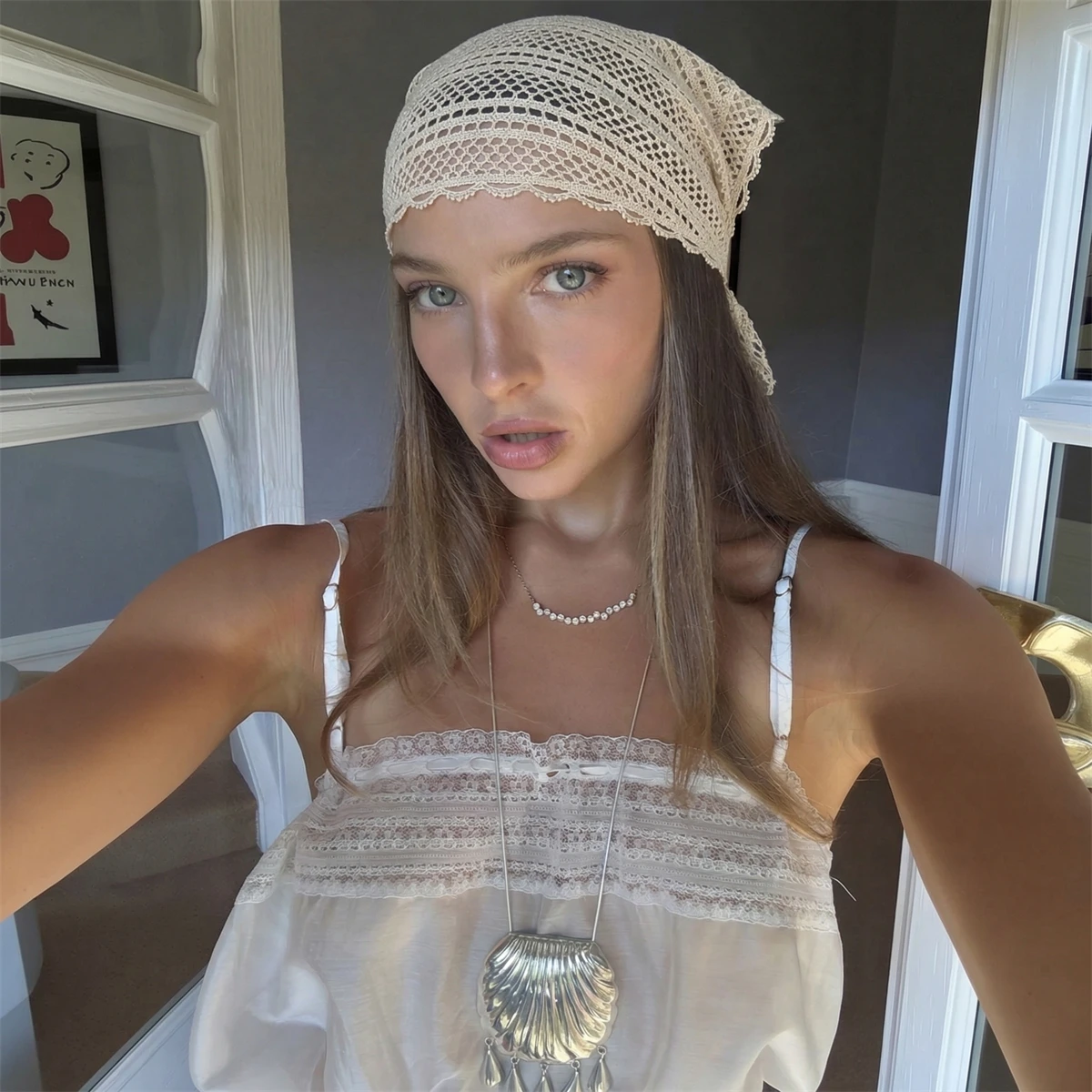 Boho Hollow Out Bandana Ladies Lace Trim Triangle Head Wrap Tie Back Scarf Holiday Beach Uv Protection Headscarf Hair Accessory