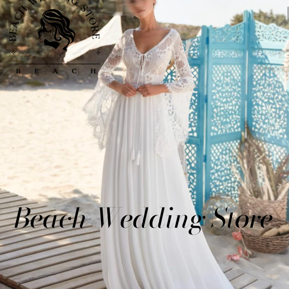 

Beach Customized A Line Wedding Dresses Three Quarter Flare Sleeves Backless Chiffon Sweep Train Charming Stunning Vintage