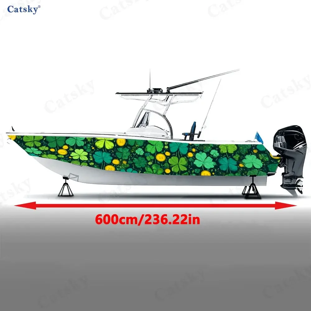 2Pcs Lucky Clover & Gold Coin Boat Stickers, PVC Waterproof Vinyl Wrap Decals for Fishing Boats, Durable and Stylish Design