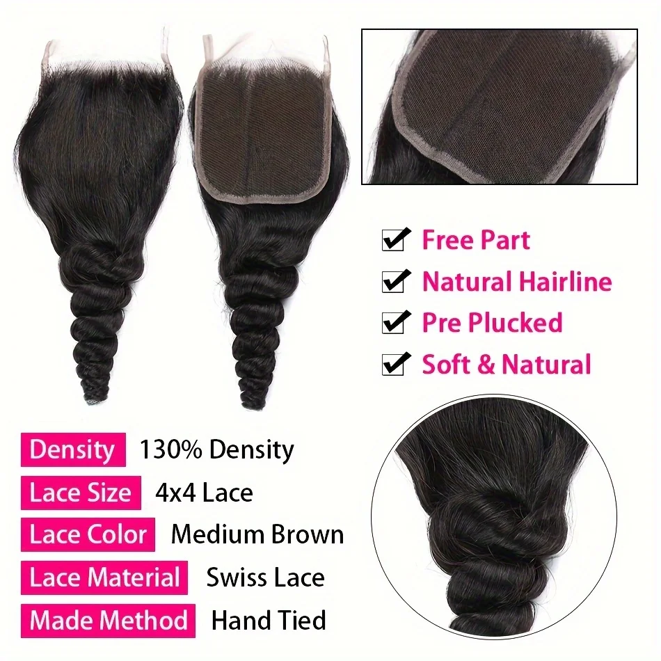4x4 ルーズウェーブ レースクロージャー 14～22インチ ペルー産人毛クロージャー 透明スイスレース フリーパート レースクロージャー 女性用
