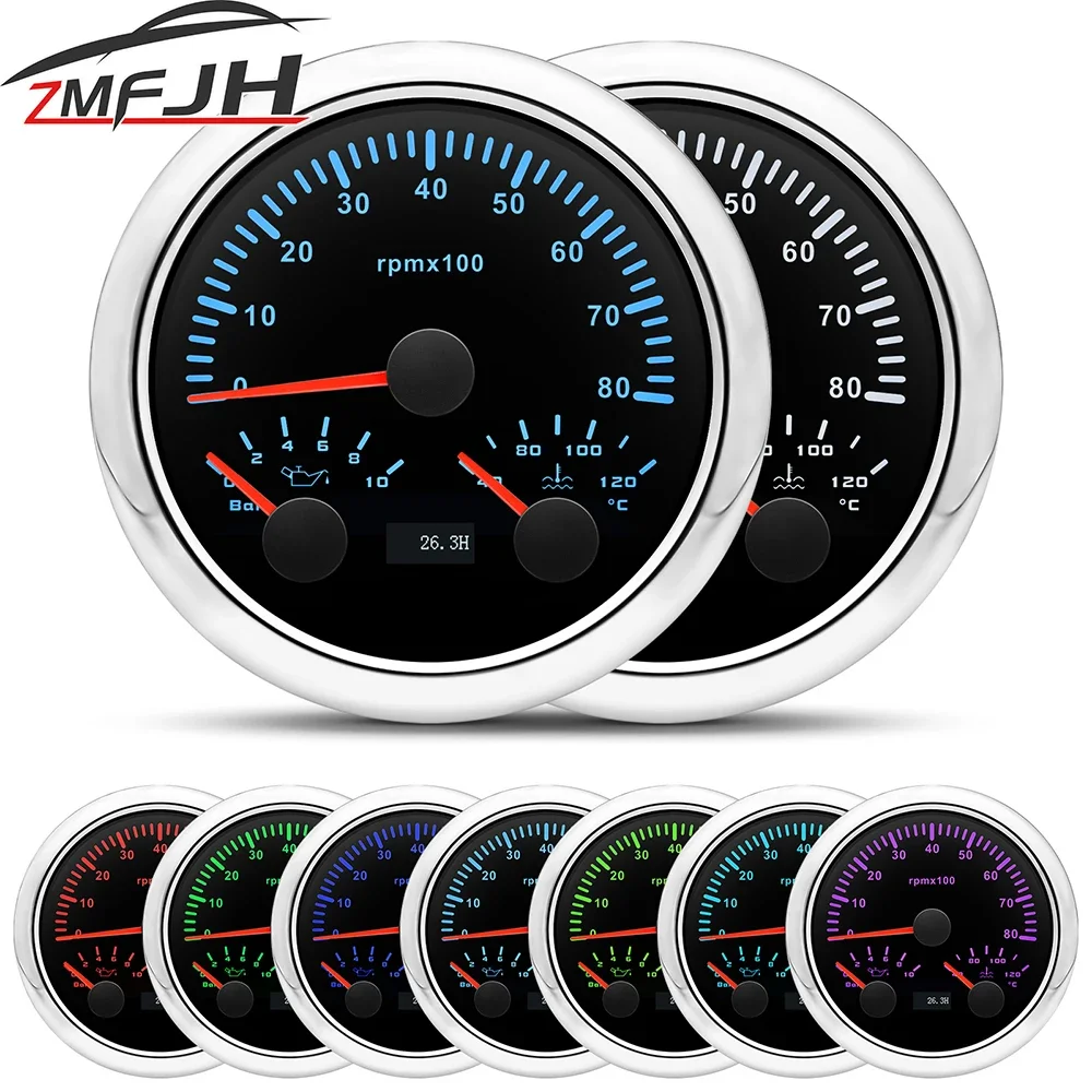 

AD 3 In 1 Gauge 0-8000 RPM Tachometer 0-10Bar Oil Pressure Gauge 40-120℃ Water Temp 7 Color Backlight For Car Boat Customized