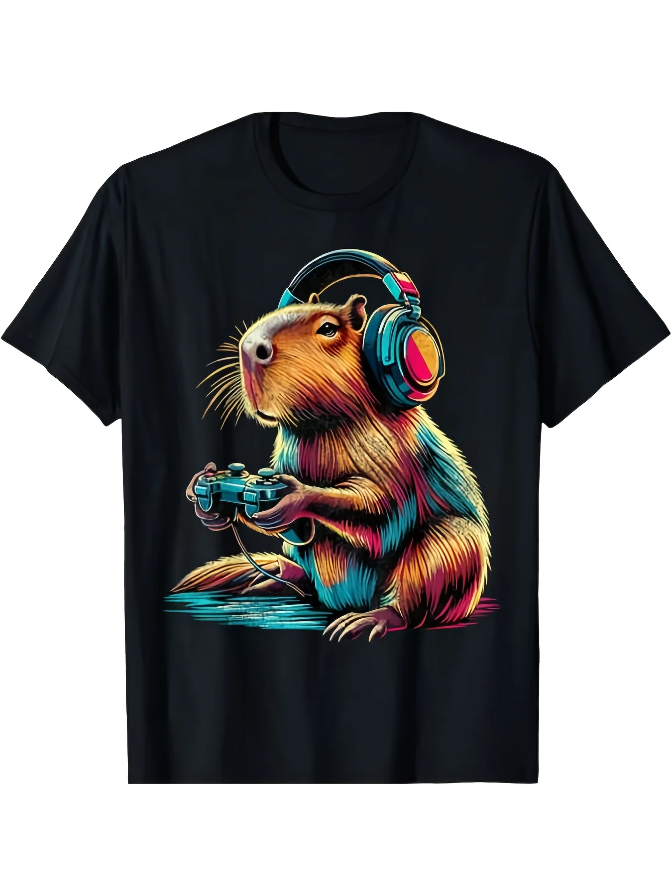 Funny Men's Black Graphic T-Shirt Capybara Headphones Game Controller Neon Animal Gamer Illustration 100% Cotton Heavyweight Short Sleeve Casual Streetwear Tee
