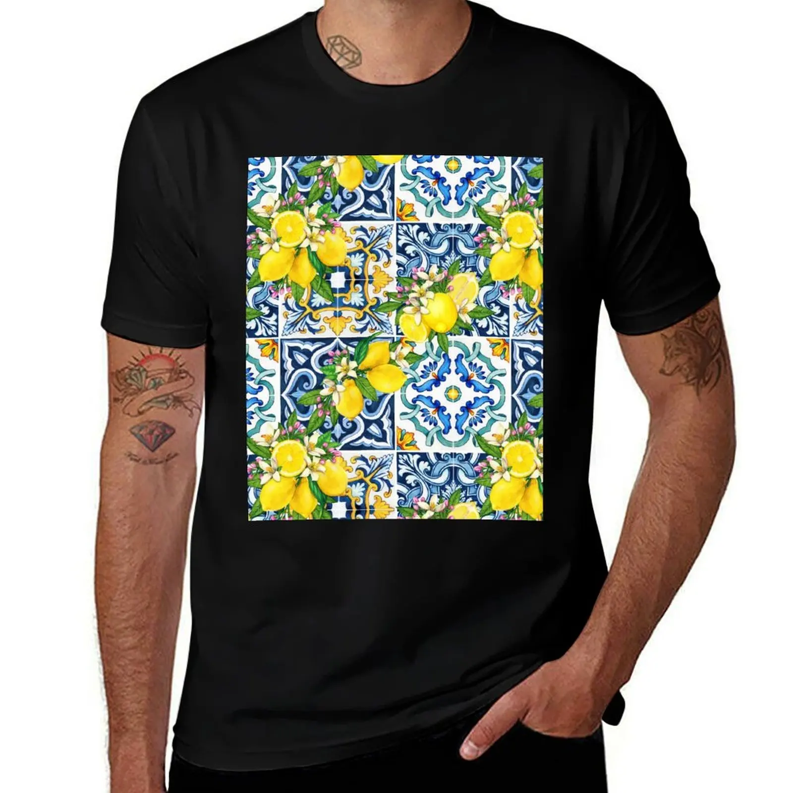 

Bright Mediterranean Sicilian Tiles with Citrus Lemons T-Shirt t shirt personalised essential t shirt T-shirt