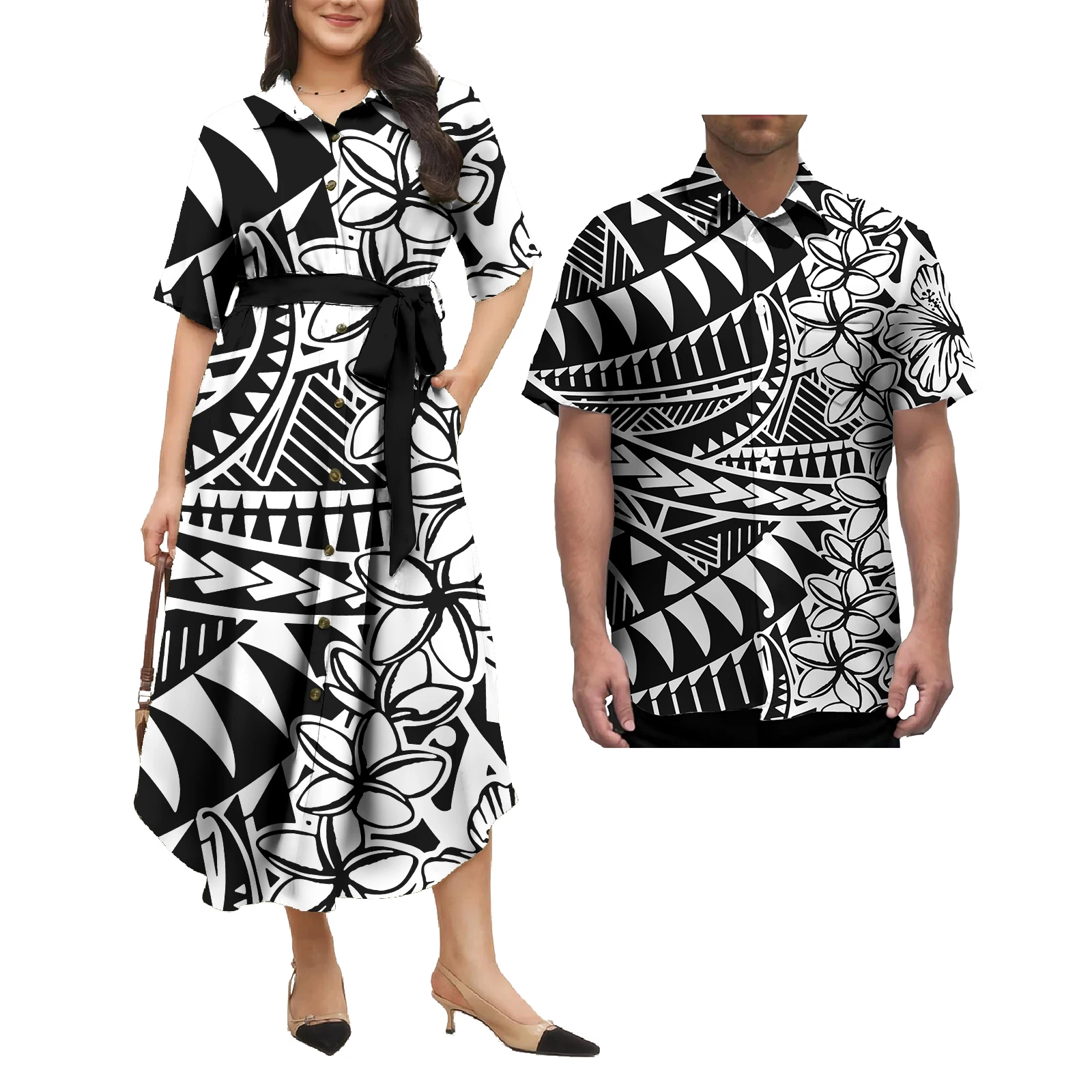 Tapa Polynesian Tribal Design Strandkleid Passende Herren Hawaiihemden Traditionelle Kleidung Langes Kleid Paarkleidung 2tlg