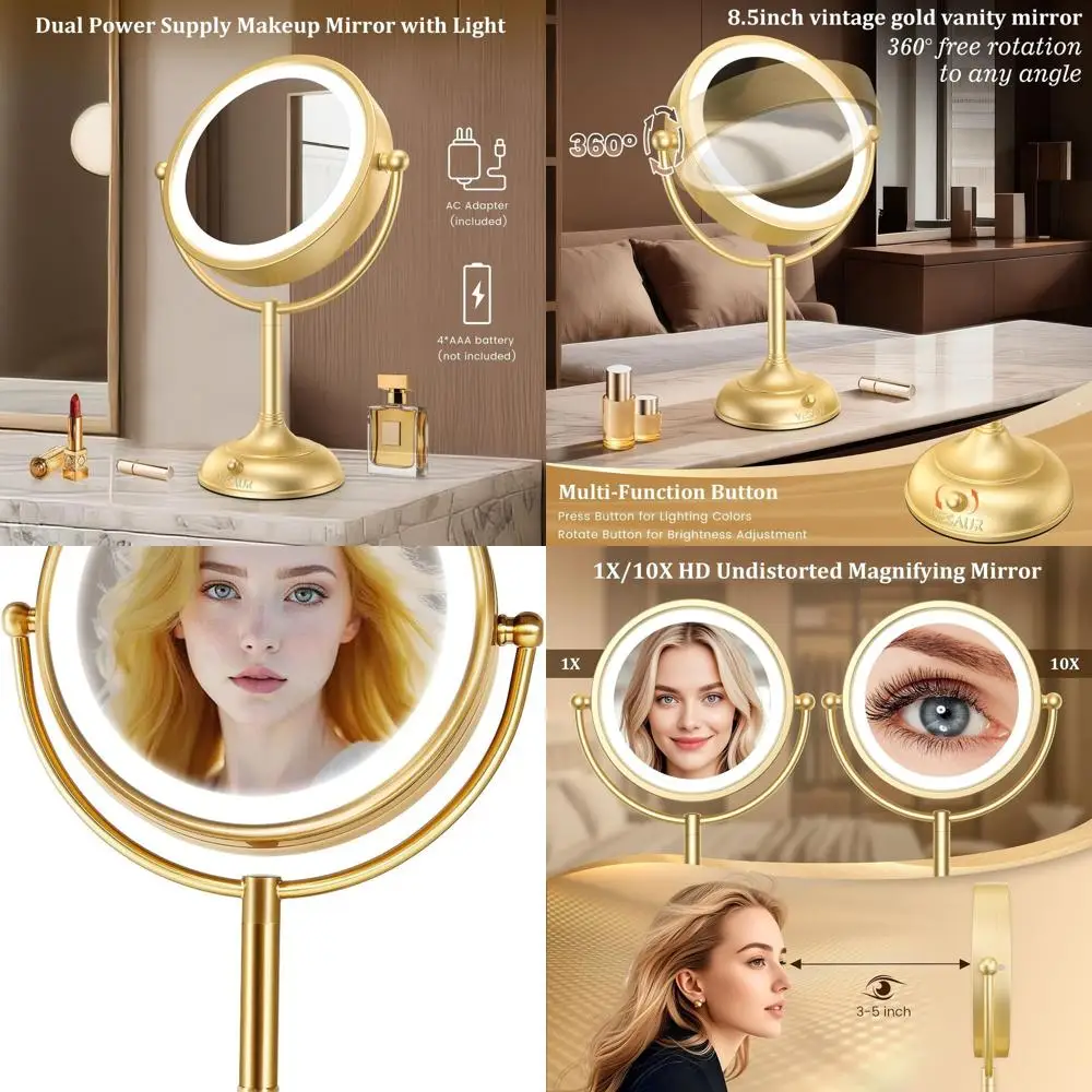 مرآة زينة ذهبية 8.5 مزدوجة الجوانب مع تكبير 1X/10X وأضواء قابلة للتعديل بثلاثة ألوان #1