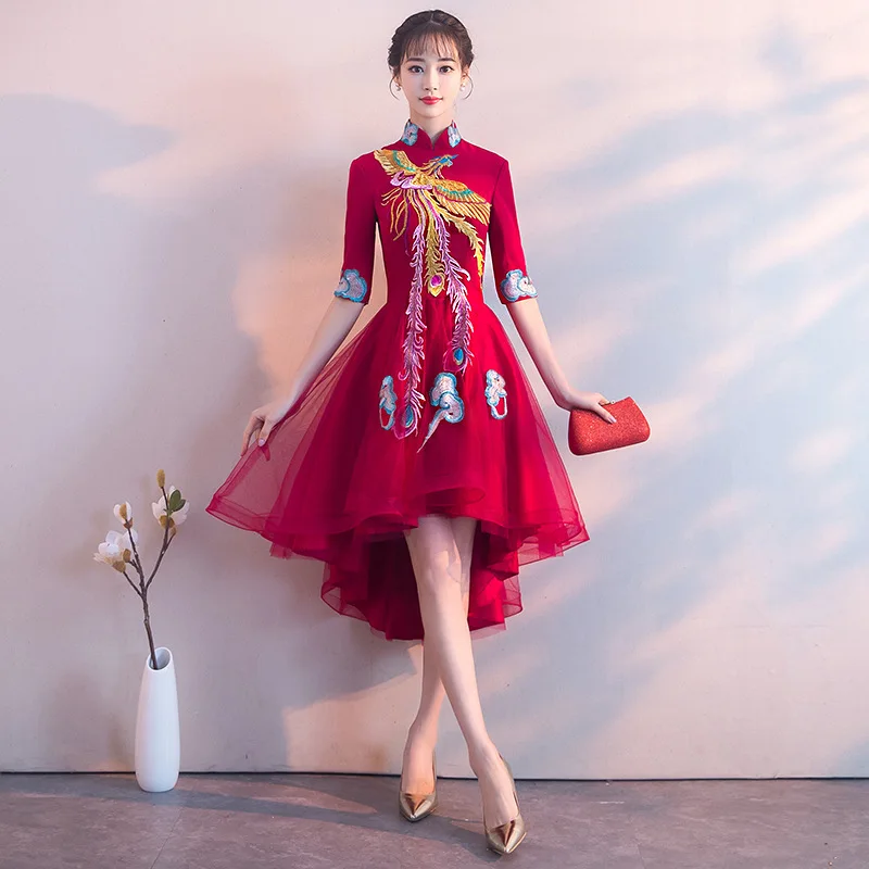 

Burgundy Wedding Party Cheongsam Oriental Evening Dress Chinese Traditional Womens Elegant Qipao Sexy Satin Robe Retro Vestido