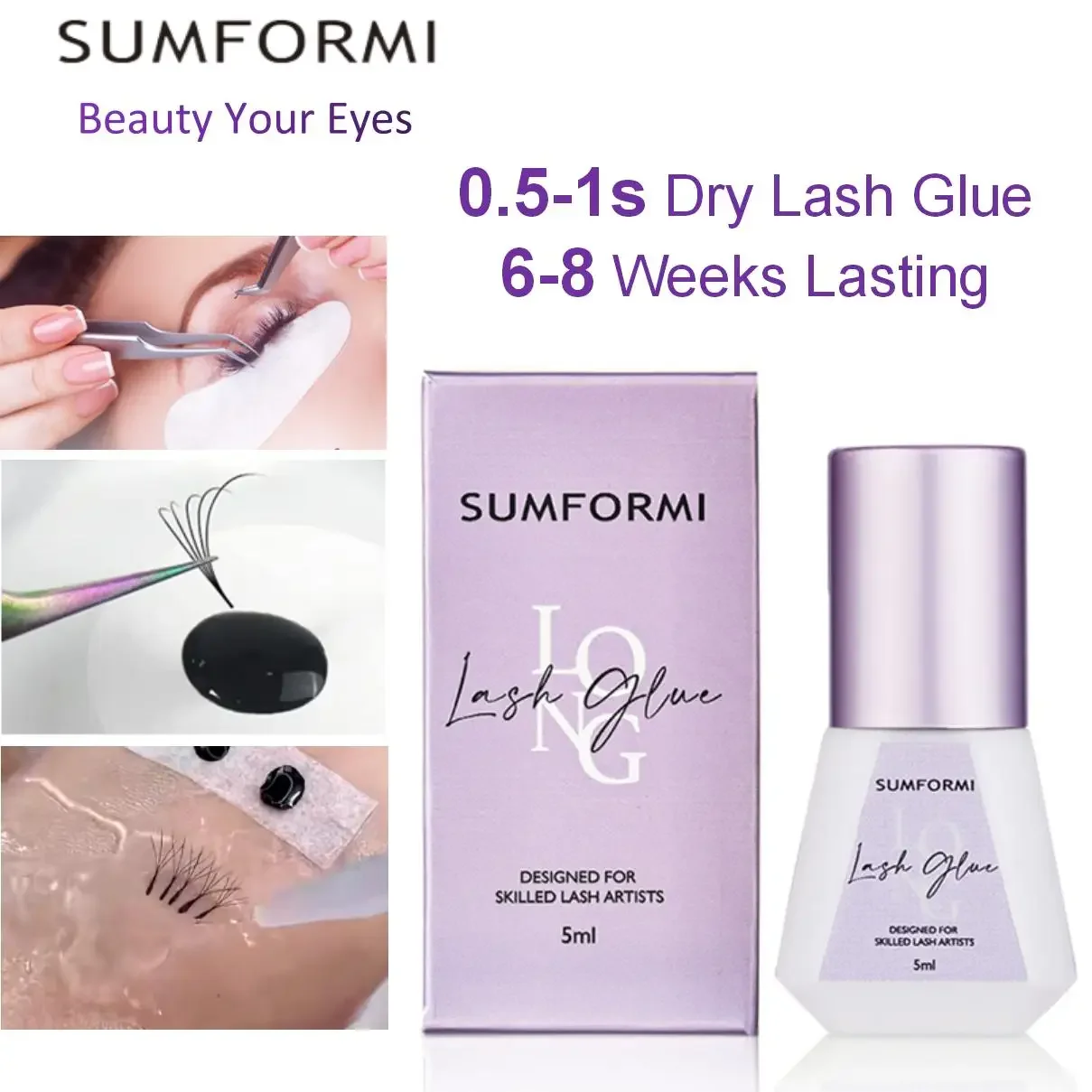 SUMFORMI New Glue for Eyelash Extension 0.5s Dry Thin Black Lash Glue Low Odor Eyelashes Glue Waterproof Lash Extension Supplies