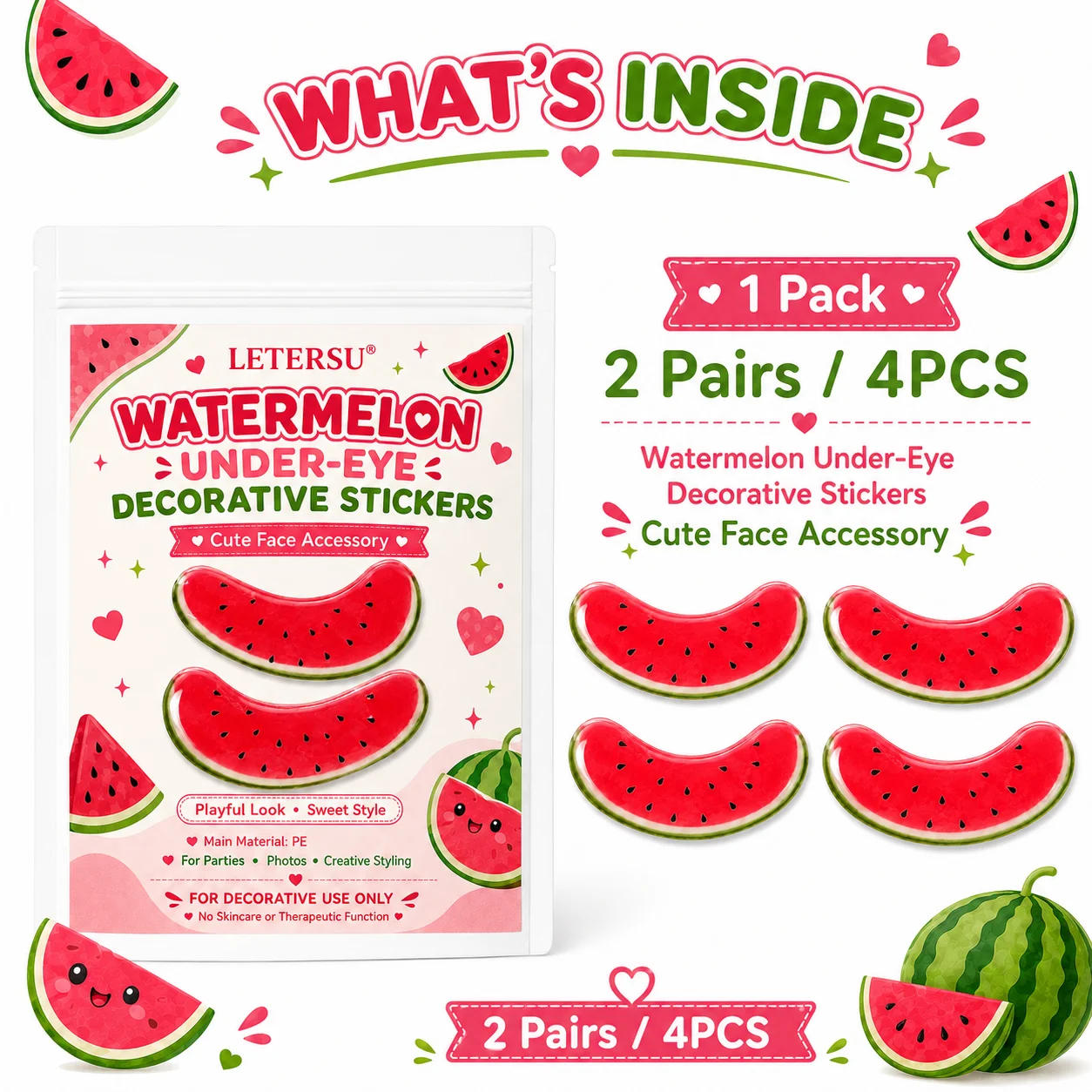 4PCS Watermelon Under Eye Stickers Cute Face Decorative Patches for Party Makeup Photo Props Festival Face Accessories