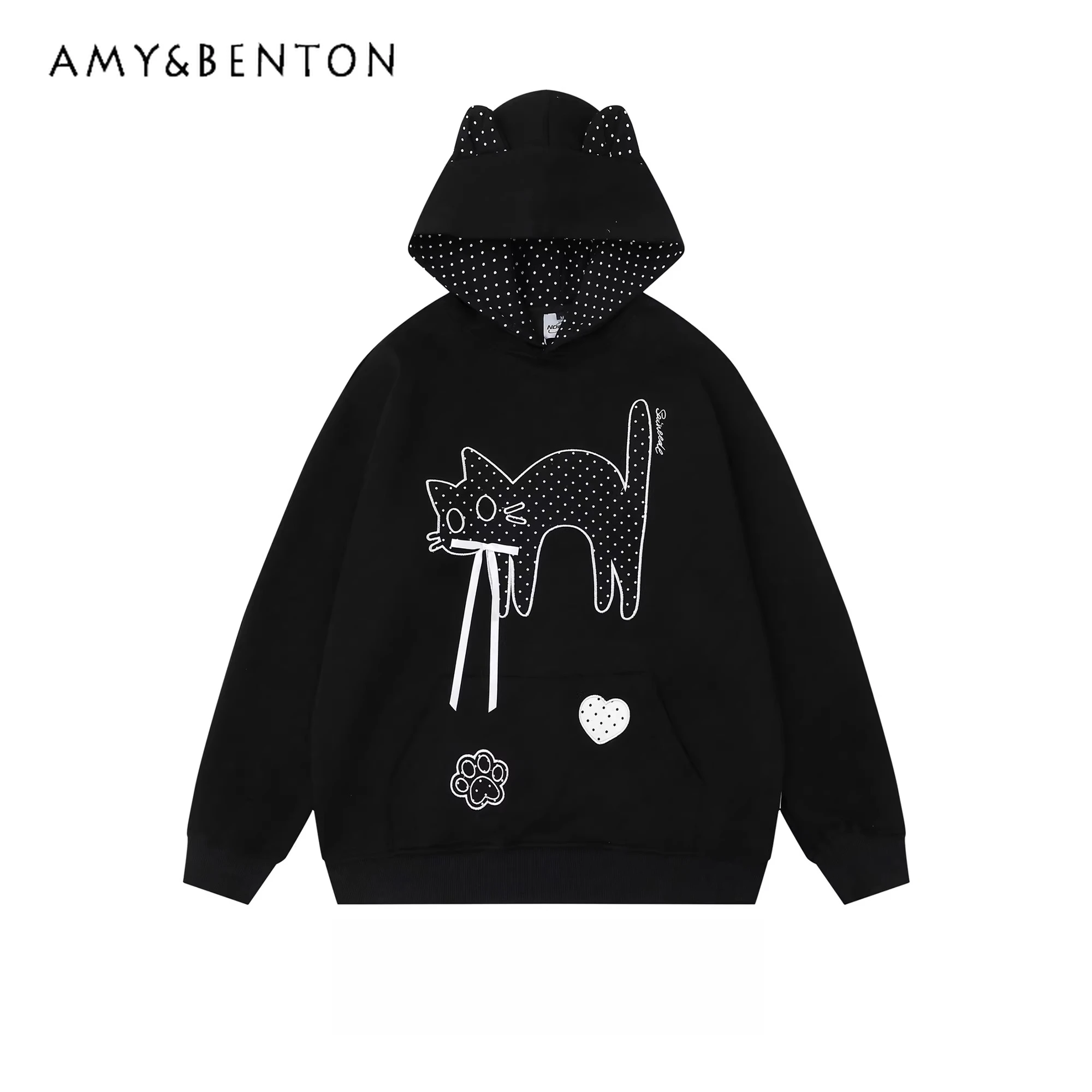 

Новая весенне-осенняя женская свободная куртка в корейском стиле с милым принтом в горошек, белой вышивкой и ушками кошки, из черного бархата