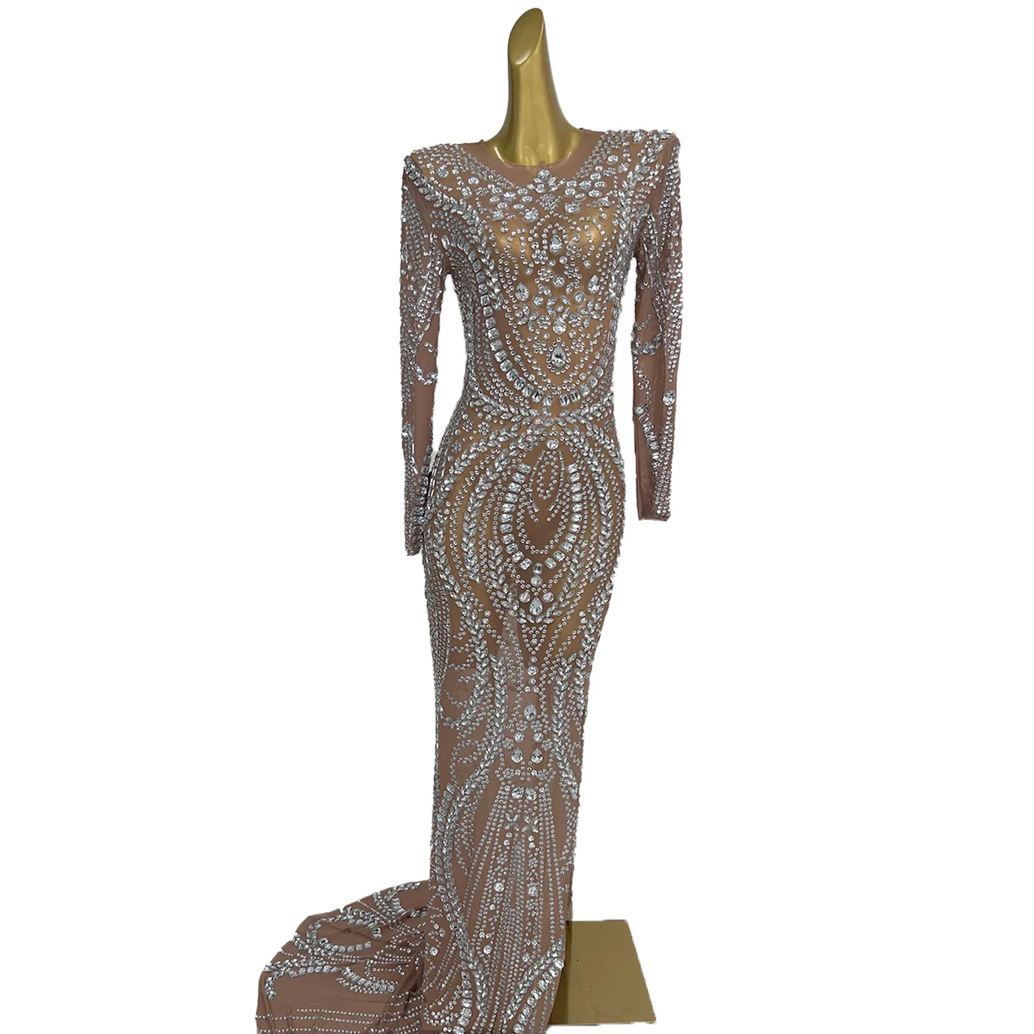 Fulingkaichachangqun femmes élégantes haut de gamme robe de soirée argent plein diamant Perspective maille robe anniversaire robes de bal