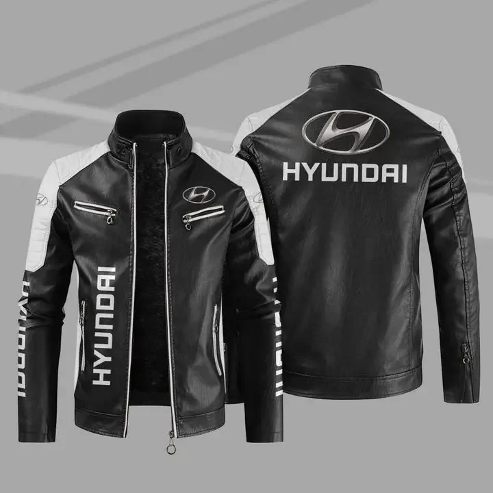 Fashion Men\'s Hyundai Car Logo Leather Jacket Stand Collar PU Coat Male Windproof Motorcycle Lapel  Zipper Outerwear