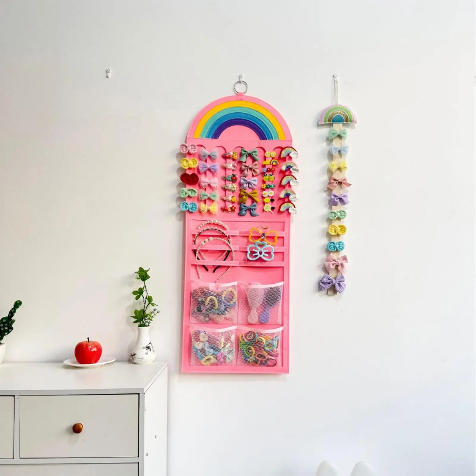 Hair Bow Holder Wall Mounted Organizer with Mesh Pockets for Headbands Scrunchies Jewelry Girls Room Closet Door Nursery Storage