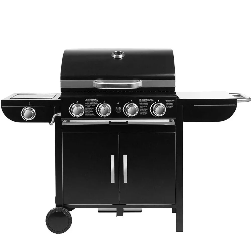 Grill gazowy, wózek na grilla gazowy, zapłon piezoelektryczny, z termometrem, duży grill stojący, 4*1000BTU/2,93 KW, na przyjęcie w ogrodzie Camping