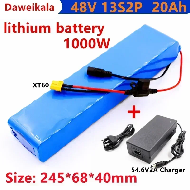 

New electric bicycle battery, 48V13S2P20Ah1000W, 18650 lithium-ion pack+54.6V 2A Charger+XT60 plug