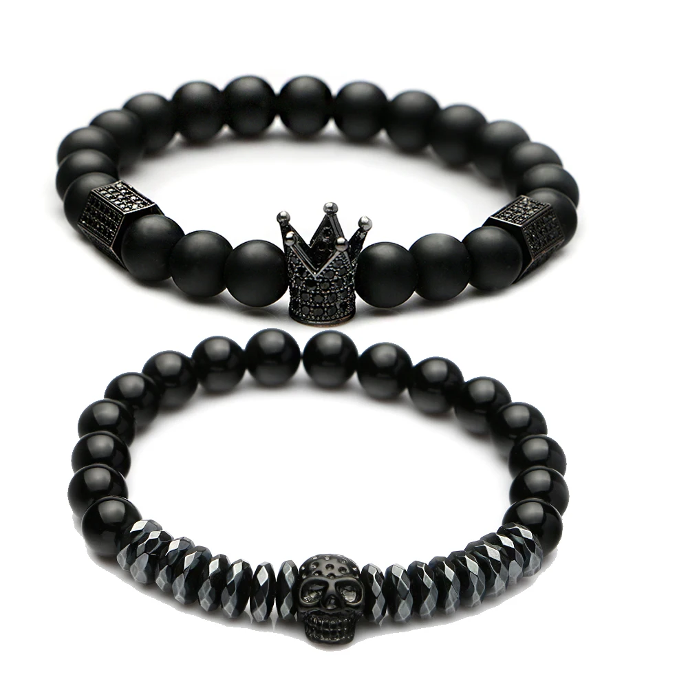 Hematite Stone Stainless Steel Skull & Crown Charms Bracelet for Men Gift