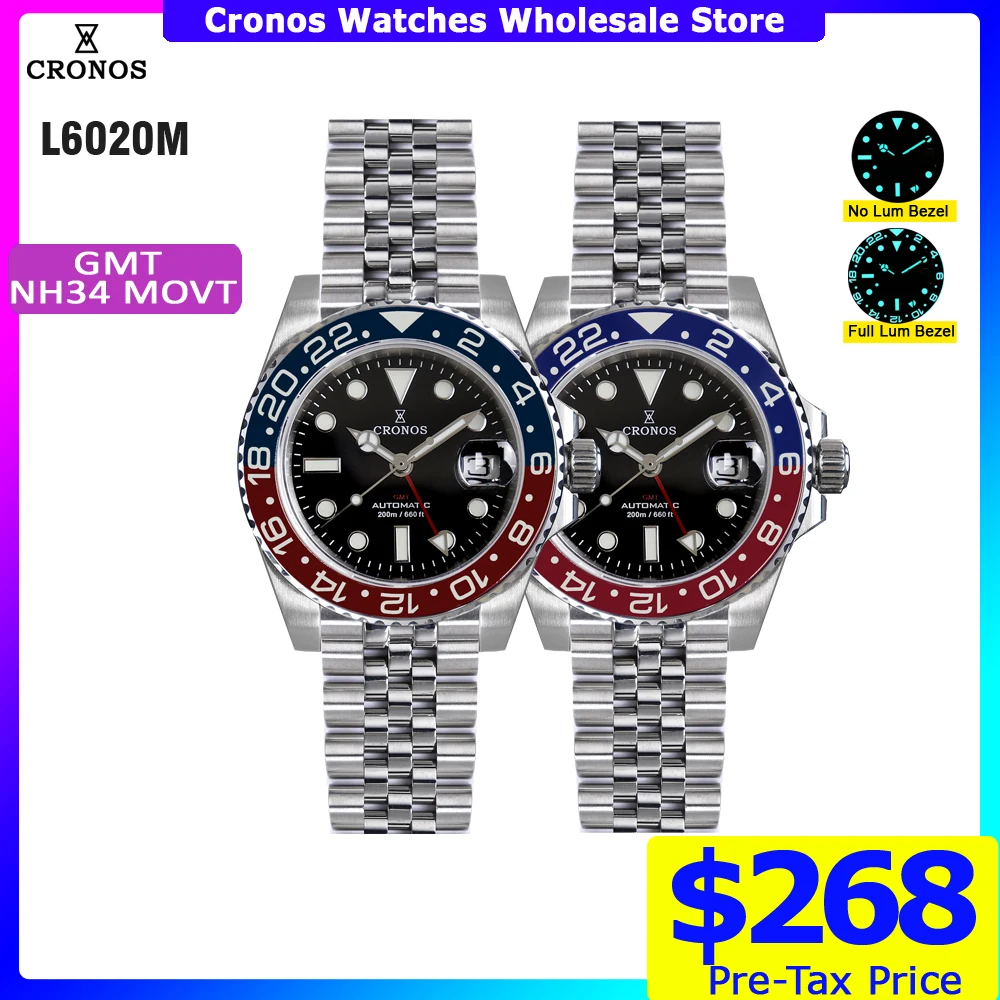 Cronos GMT NH34 Automatic Men WatchBidirectional Bezel Sapphire 20 ATM Solid, 5 Links Metal Bracelet  BGW-9 Lum L6020M