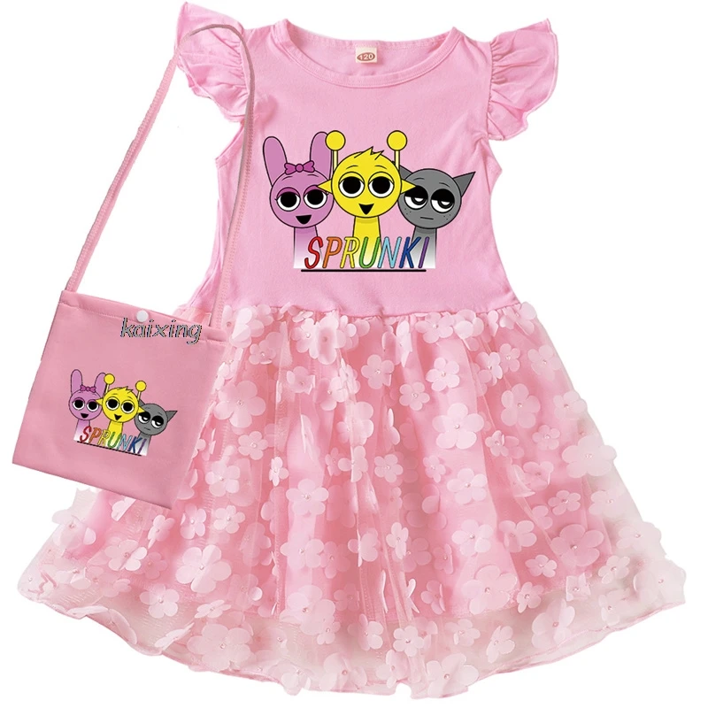 Cute Sprunki Cartoon Clothes Kids Wedding Party Lace Dress Baby Girl Short Sleeve Casual Dresses with Small Bag Children Vestido