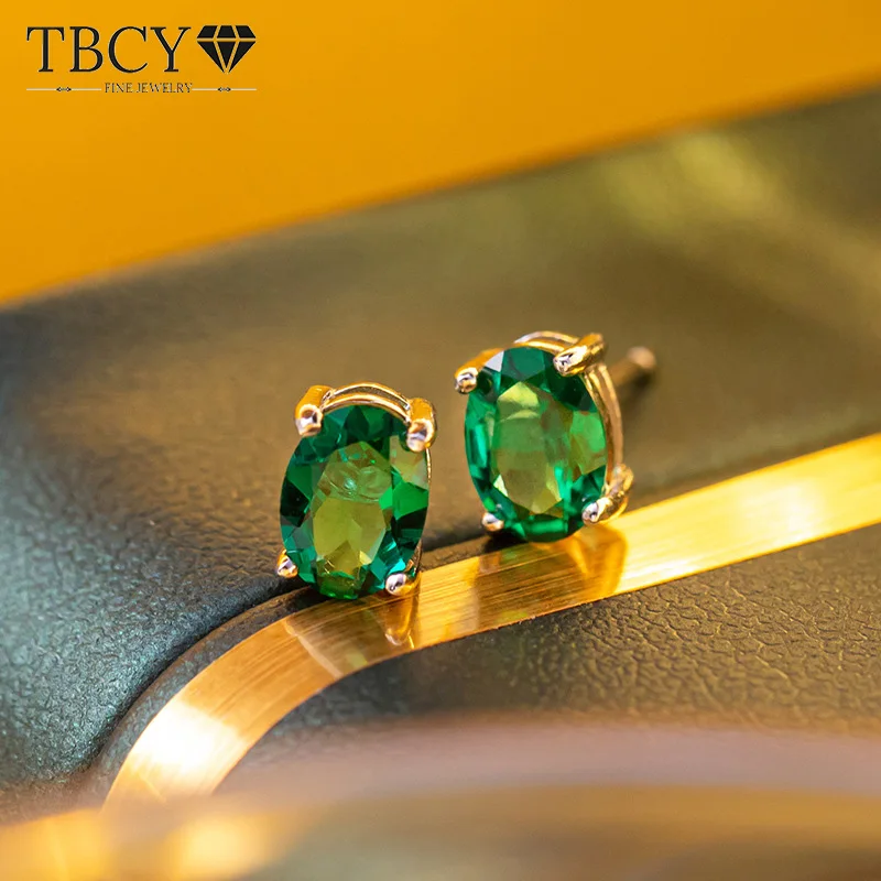 

TBCYD 5*7mm Lab Grown Zambia Emerald Studs Earring S925 Silver Plated 18k Gold Earrings Stud for Women Christmas Jewelry Gift
