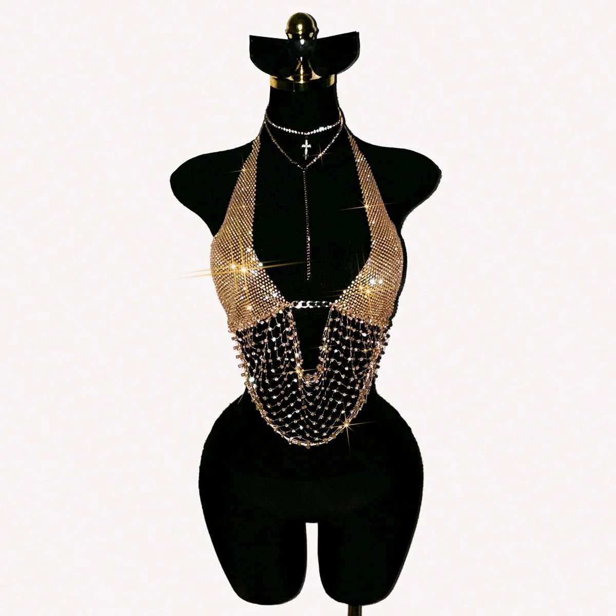 Women Sexy Rhinestone Halter Tank Top Sparkle Crystal Mesh Fringe Backless Camisole Party Club Rave Festival Nightclub Outfit