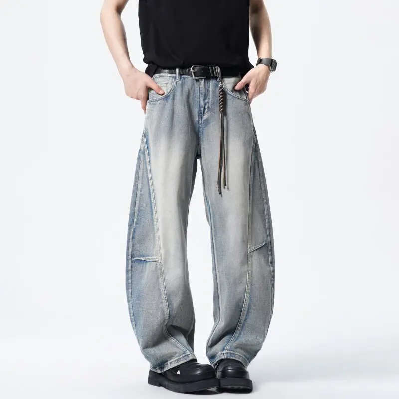 

Mens Loose Fit Patchwork Wide Leg Washed Jeans Vintage Denim Pants Casual Streetwear Comfort Trendy Baggy Trousers Hip Hop