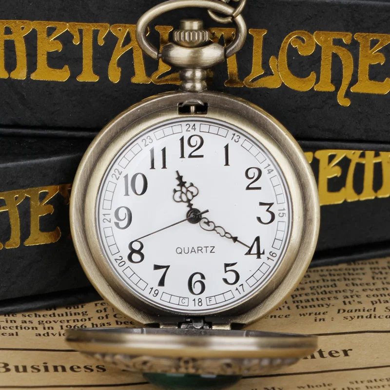 Vintage Arabic numerals face hollowed-out carving jade quartz pocket watch Bronze elegant style ladies gift clothing accessories