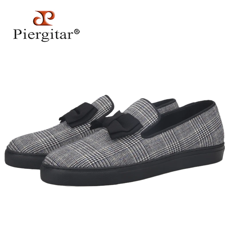 Piergitar Welsh Plaid Fabric Of Handmade Bowknot Men's Boat Shoes For Urban Commuting And Daily Dressing Slip-On Style Sneakers