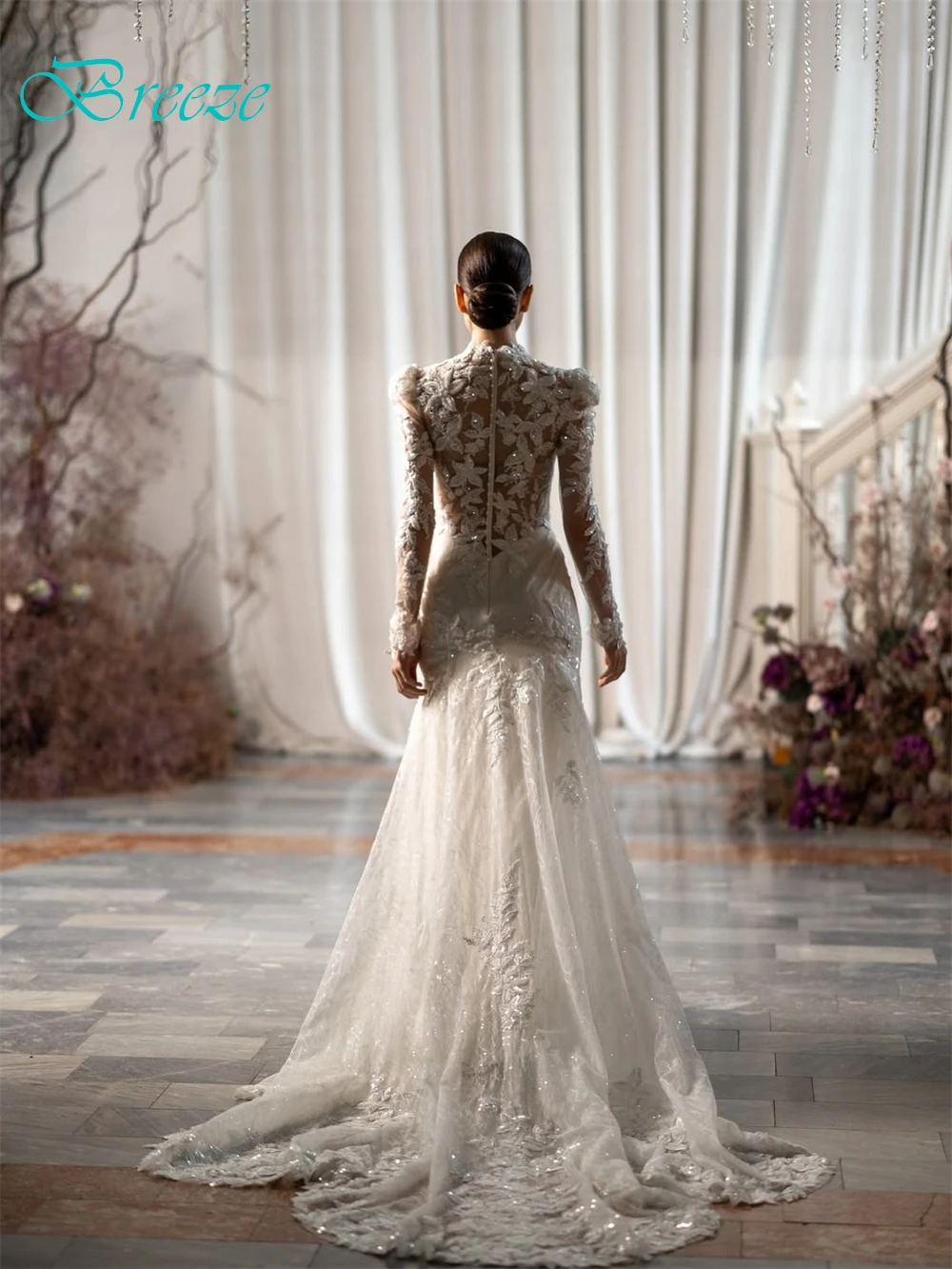 فستان زفاف أنيق من الأورجانزا الأبيض مخصص رسمي برقبة على شكل حرف v وأكمام طويلة رداء de mariée ناعم حورية البحر ذيل محكمة رداء de mariée #4