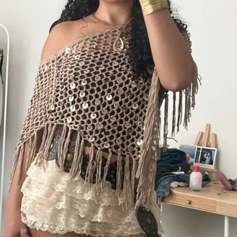 

Womens Crochet Off-Shoulder Cover-Ups Sexy Fringe Sequins Hollow Out Batwing Sleeve Pullover Tops Trendy Beach Party Outfit