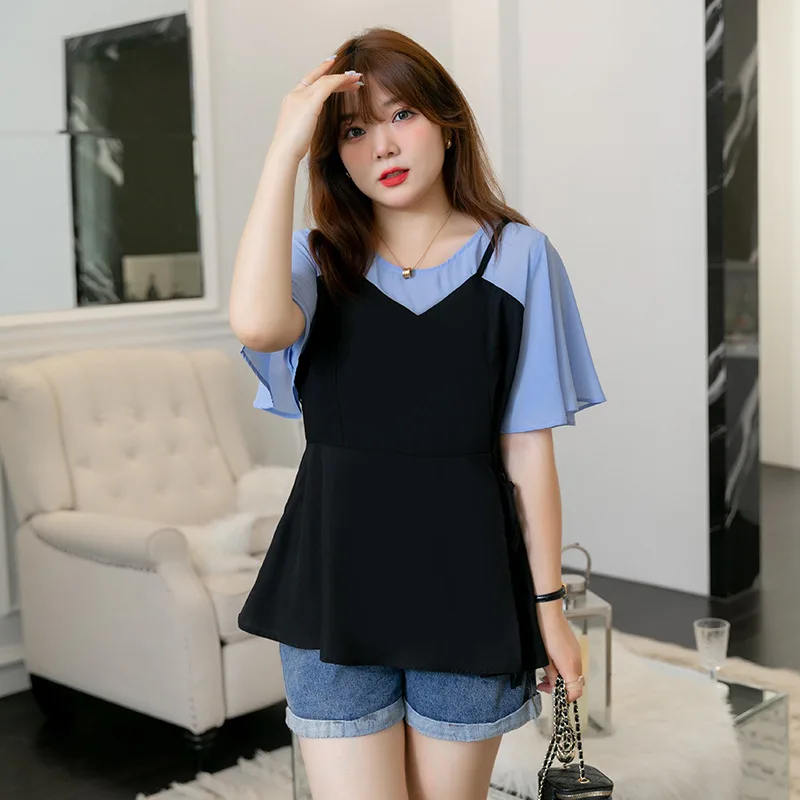 Large Size 7XL 120KG Women Chiffon Blouses Summer Sweet Shirt O Neck Fake two pieces Short Sleeve Women Tops