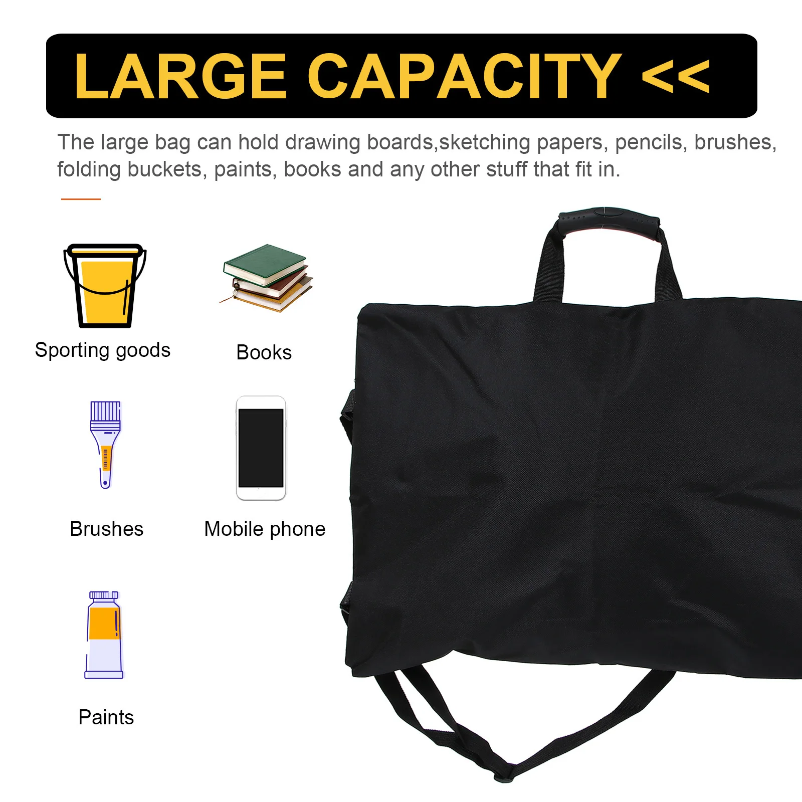 Black A3 Drawing Board Storage Bag Canvas Waterproof Lining Roomy Compartment for Drawing Papers Pencils Paints Books Outdoor