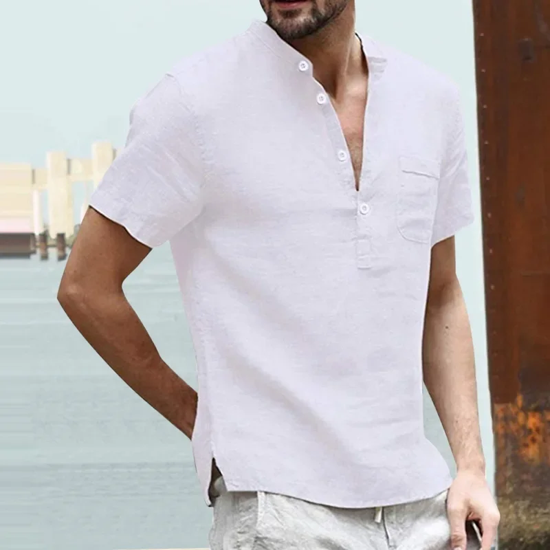 High Quality 2024 New Men'S Cotton&Linen V Neck Bandage T Shirts Male Solid Color Casual T-shirt Tops S-3XL