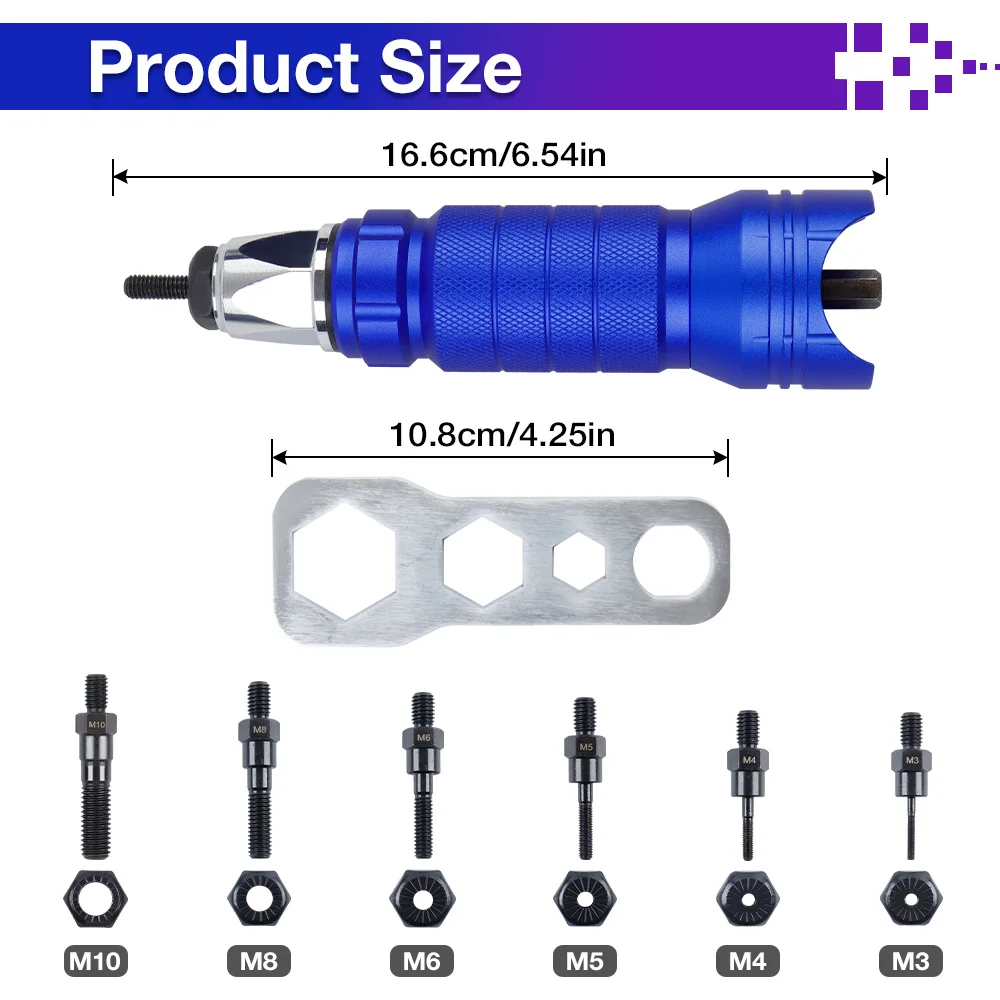 Electric Rivet Nut Gun Adapter Riveting Tool Home Cordless Rivet Gun, M3, M4, M5, M6, M8, M10 Pull Rivet Gun, For Electric Drill