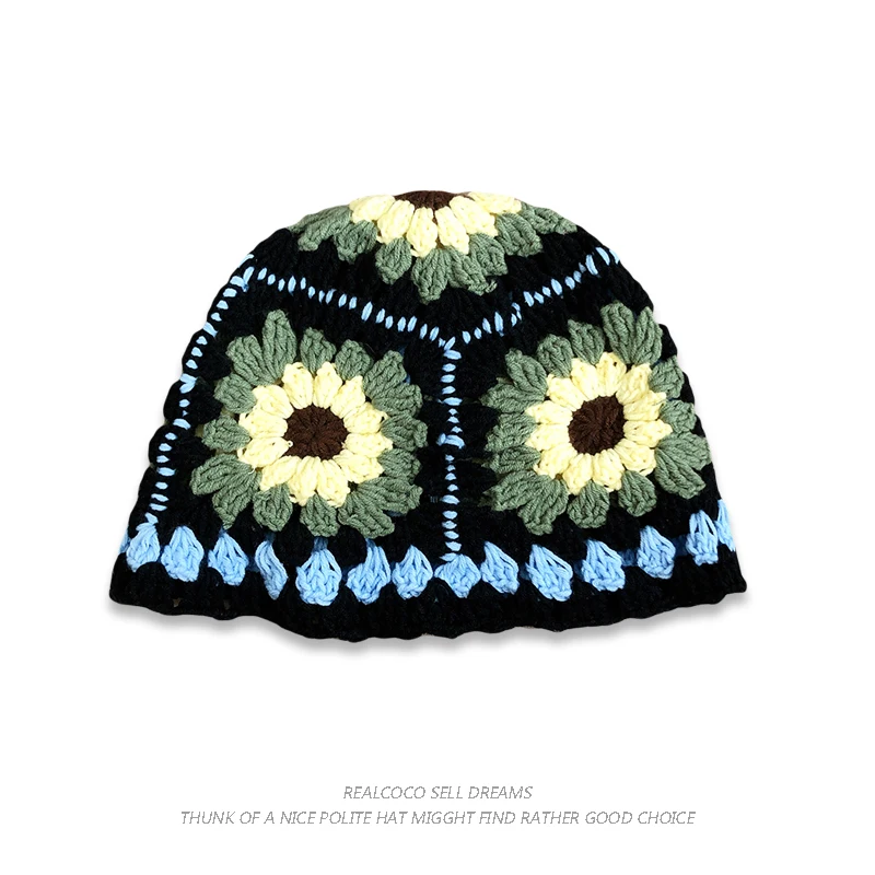 2024 Flower Y2k Crochet Bucket Hat Women Summer Handmade Knit Beanies INS Korean Fashion Panama Cap Bohemia Beach Hat