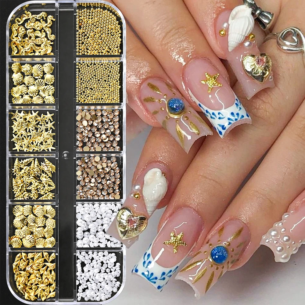

12Grids/Box Gold Metallic Starfish Shell Shape Nail Charms Mix Pearl Gems 3D Nail Art Decoration Mini Metal Manicure Accessories