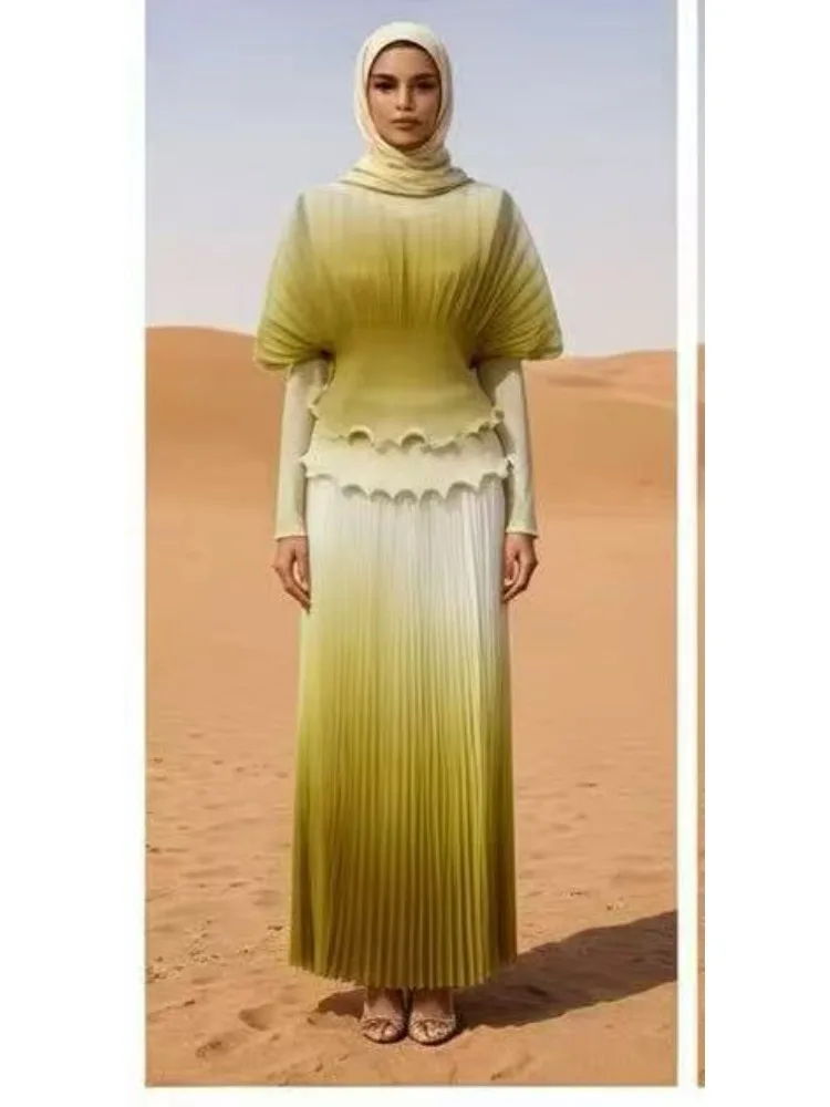 

2026 New Miyake Pleated Printing Gradual Change Suit V-neck Loose Bat Sleeve Top Pleated Skirt Two-piece Set Women's Clothing