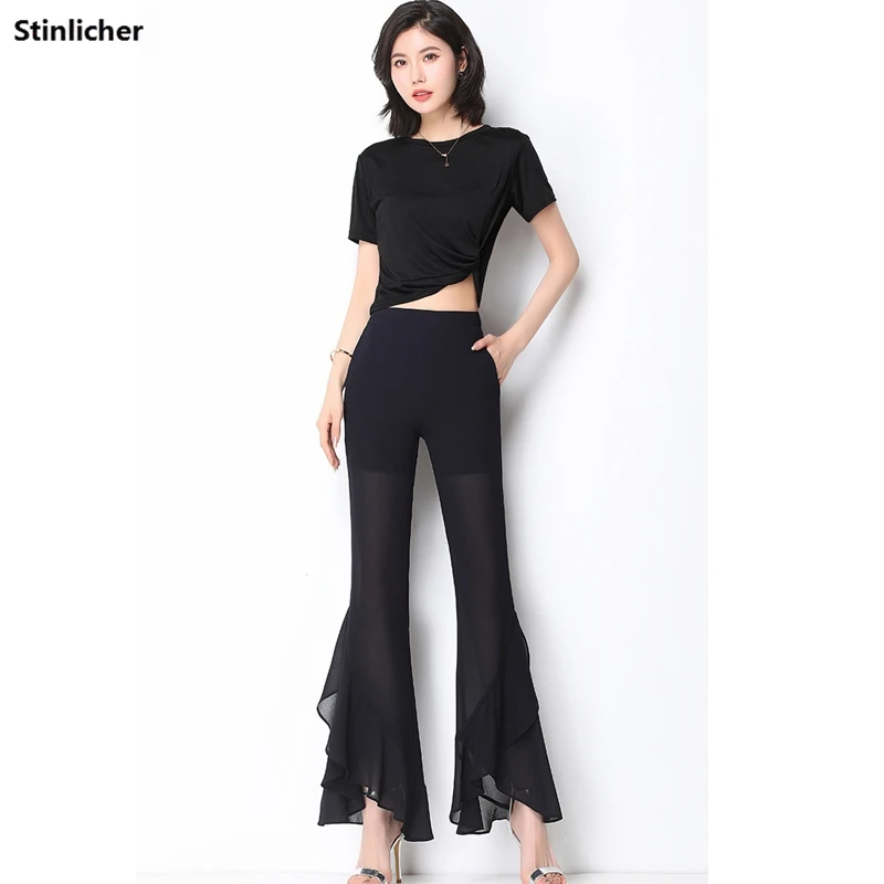 Summer Chiffon Ruffle Boot Cut Women\'s Pants Trousers Korea Fashion Office Ladies Work Ankle-Length Cropped Pants Female Bottoms