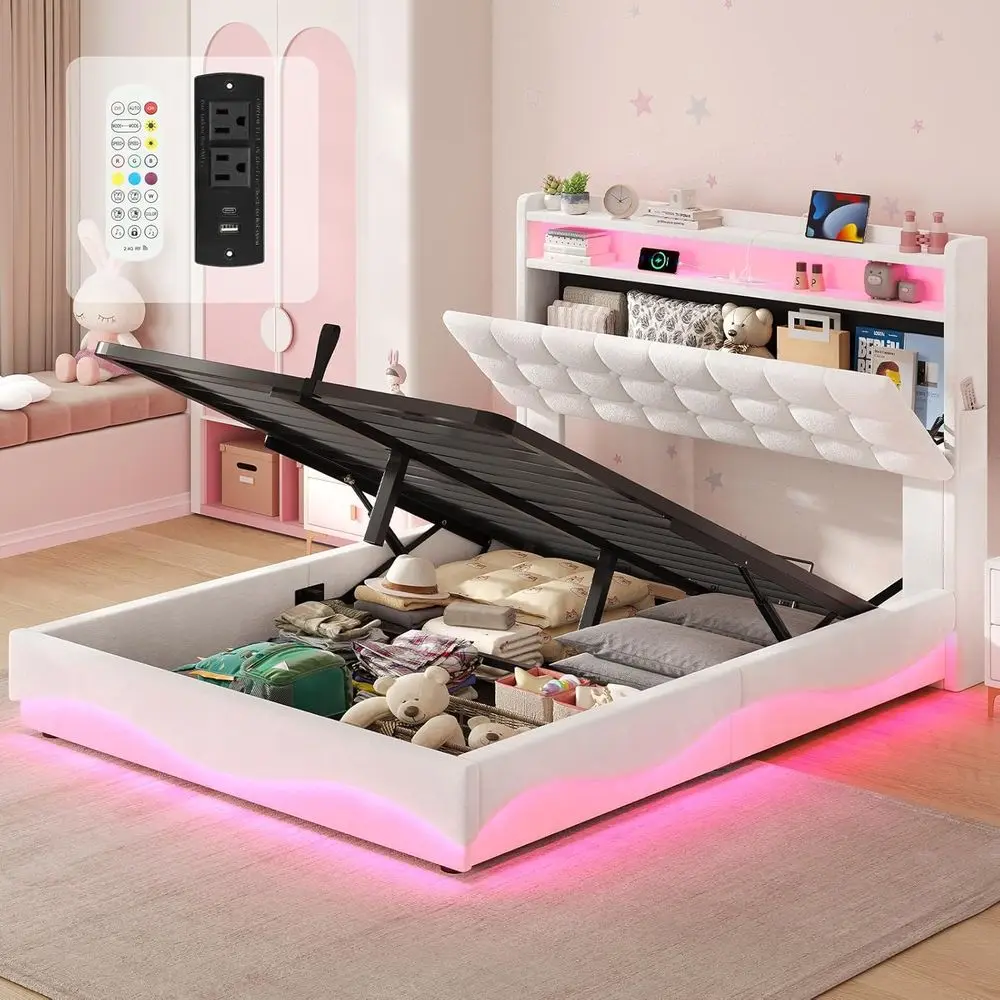 

Двуспальная кровать с LED-подсветкой, местом для хранения, отсеком и гидравлическим подъемным механизмом, обивка из велюра, кремово-белая, для девочек