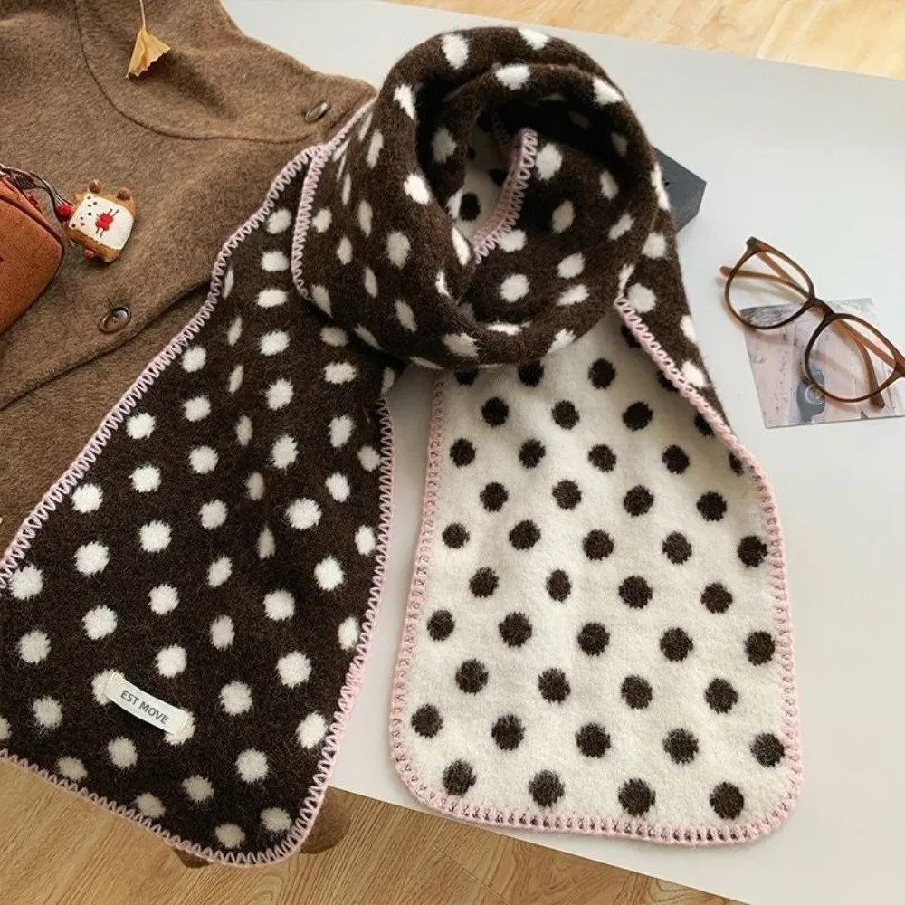 Vintage Thickened Polka Dot Scarf Korean Style Keep Warm Knitted Scarfves Edge Lock Double-Sided Scarf Winter