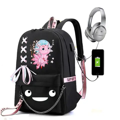 Kawaii Axolotl Anime Backpack Fashion Women School Backpack Black Women Backpack Teenager Girl School Bags Usb Mochila Bagpack