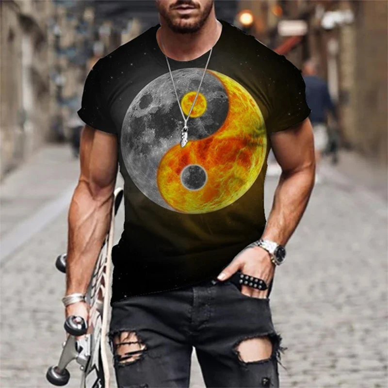 3D Tai Chi Yin Yang Printed Men\'s T-shirt, Street Fashion Personality, Interesting Vintage Summer Round Neck Plus Shirt