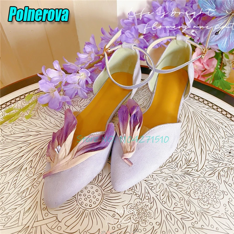 

Pink Green Petal Flat Shoes French Style Suede Pointed Toe Ankle Buckle Sandals Spring Summer Sweet Shallow Women's Casual Shoes
