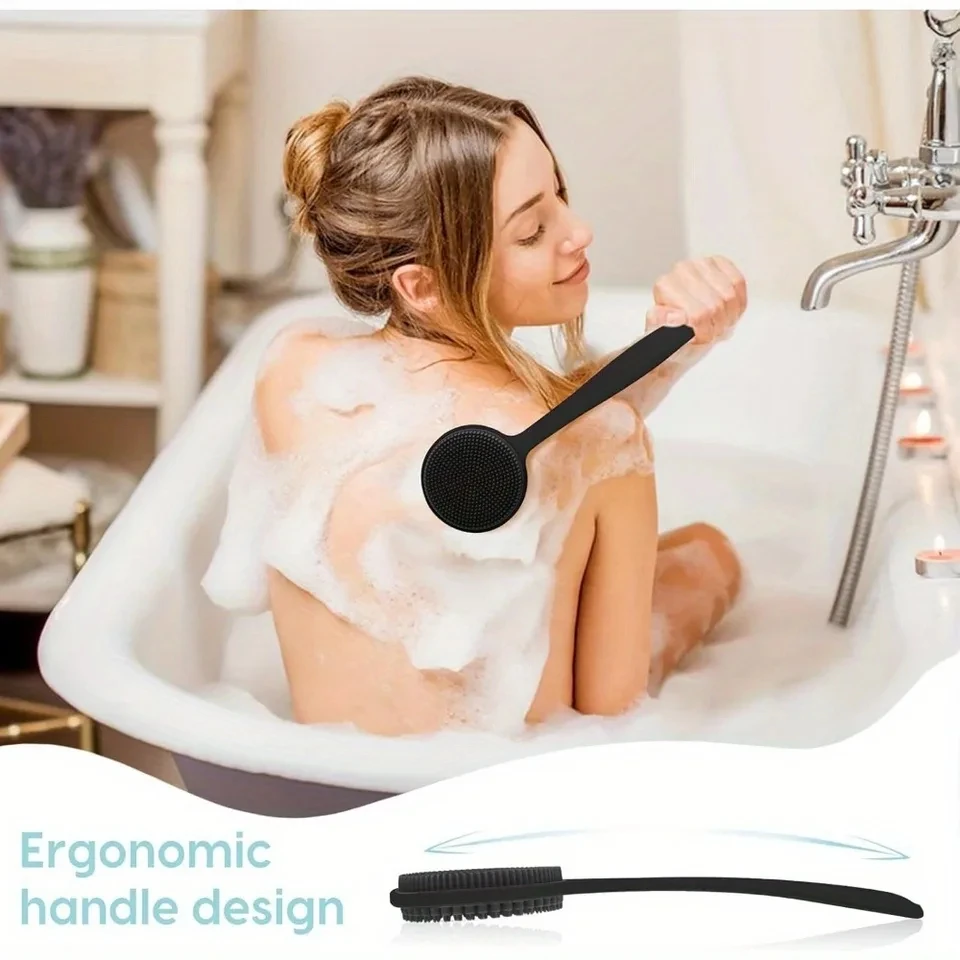 Silicone Back Scrubber Brush for Shower Long Handle Body Deep Cleansing and Exfoliating Massage Double-Sided Soft Bristles image 4