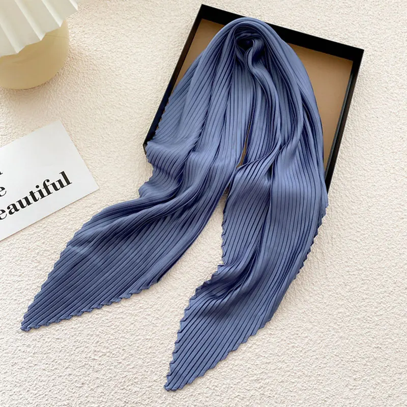 Women\'S Pleated Print Silk Scarf Satin Spring Summer Scarves 70*70cm Square Neckerchief Solid Color Headscarf Decorative