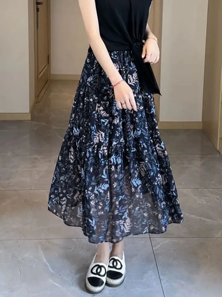 

Юбка миди А-силуэта с цветочным принтом и высокой талией, повседневная женская юбка с цветочным узором, модная юбка средней длины, подчеркивающая фигуру