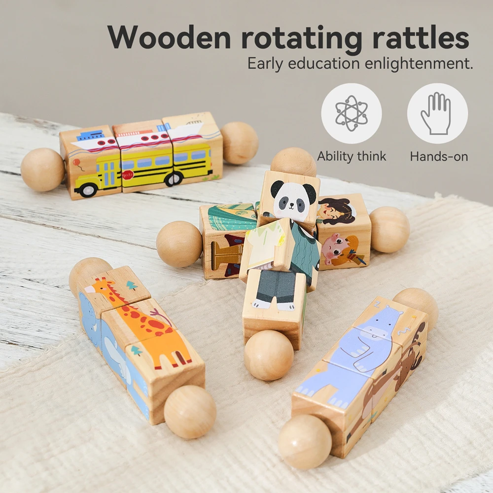 Wooden Rotating Puzzle Rattle 360 Degree Spin Four Shapes Wooden Baby Toys Multiple Themes Early Education Baby Rattle Toys