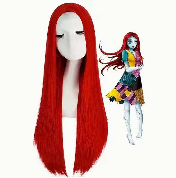 Red long straight synthetic wig - Halloween Horror Night Sally cosplay character costume wig - high temperature silk wig set