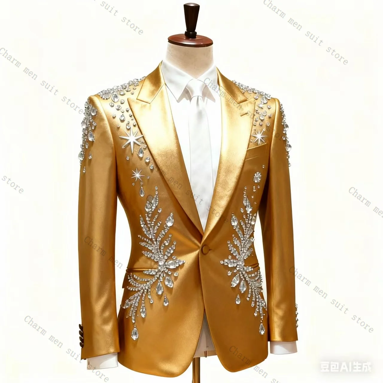 

Golden Men Suits Set 2 Pcs Crystals Blazer+Black Pants Trousers Wedding Tuxedos Formal Office Customized Prom Jacket Coat
