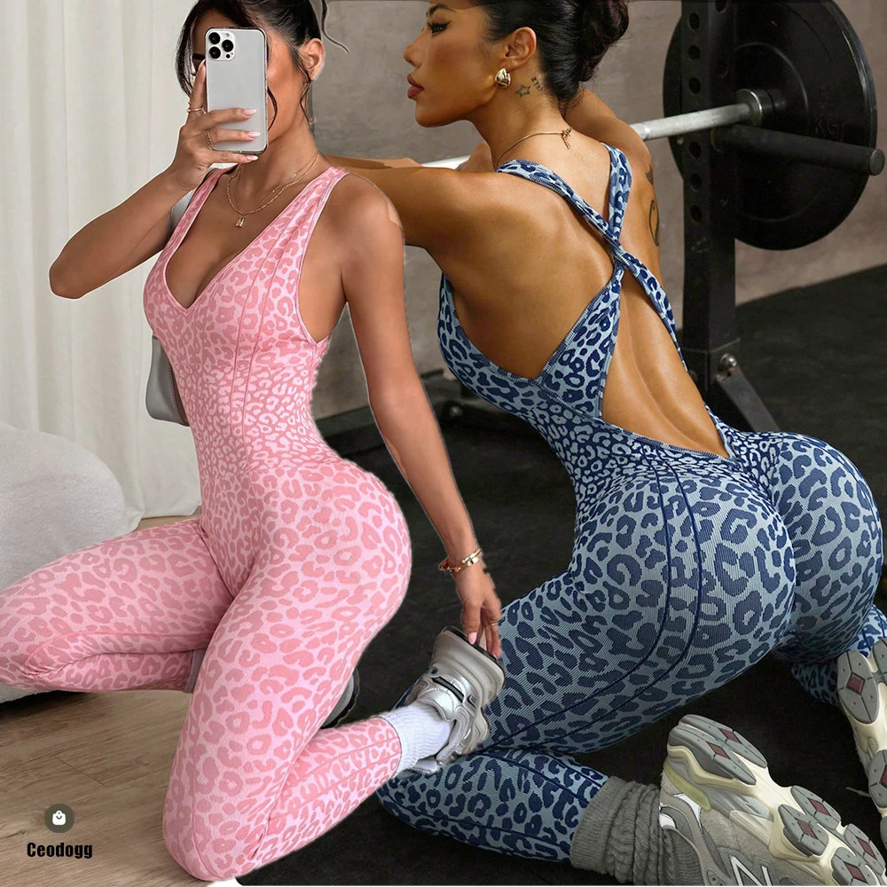 Pad Scrunch Butt Legging Leopard Yoga Set Backless Hip Lift One Piece Sports Jumpsuit Tennis Wear Active Wear Suit XP10